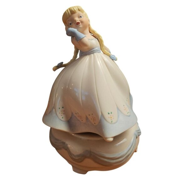 Holland Mold Ceramic Music Box. Southern Belle Blue & White Dress on Music Box - Picture 1 of 4